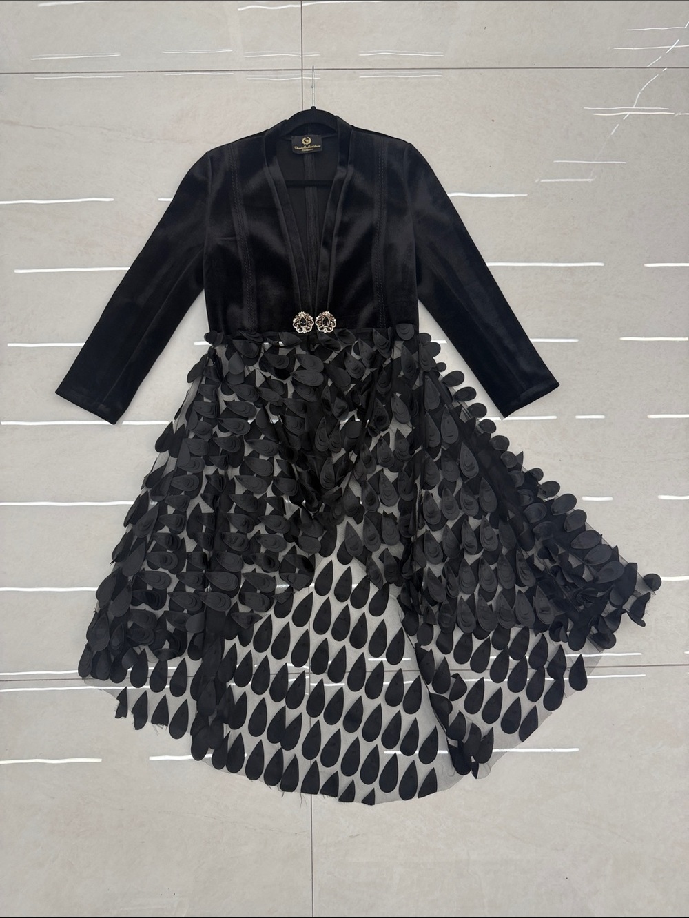 Elegant Black Women's Dress with Petal Overlay